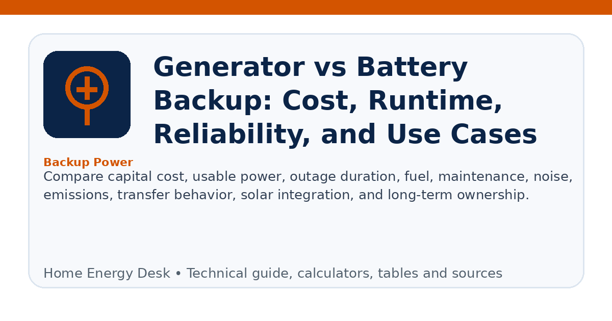 Generator vs Battery Backup: Cost, Runtime, Reliability, and Use Cases infographic