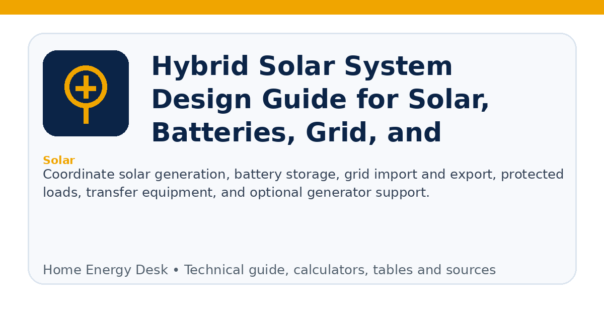 Hybrid Solar System Design Guide for Solar, Batteries, Grid, and Backup Loads infographic
